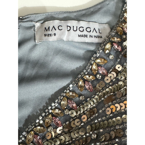 Mac Duggal Gown Silver Beaded Sequin‎ Dress Flutter Sleeves Size 8 NEW - Picture 7 of 12